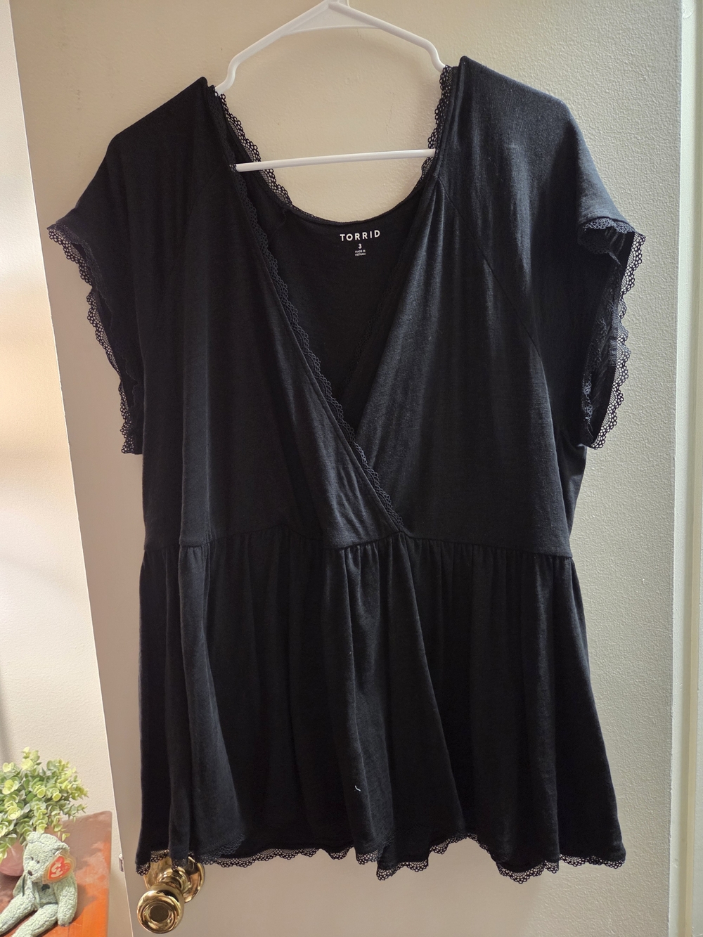 torrid Black Lace-Trim Faux Wrap Peplum Top